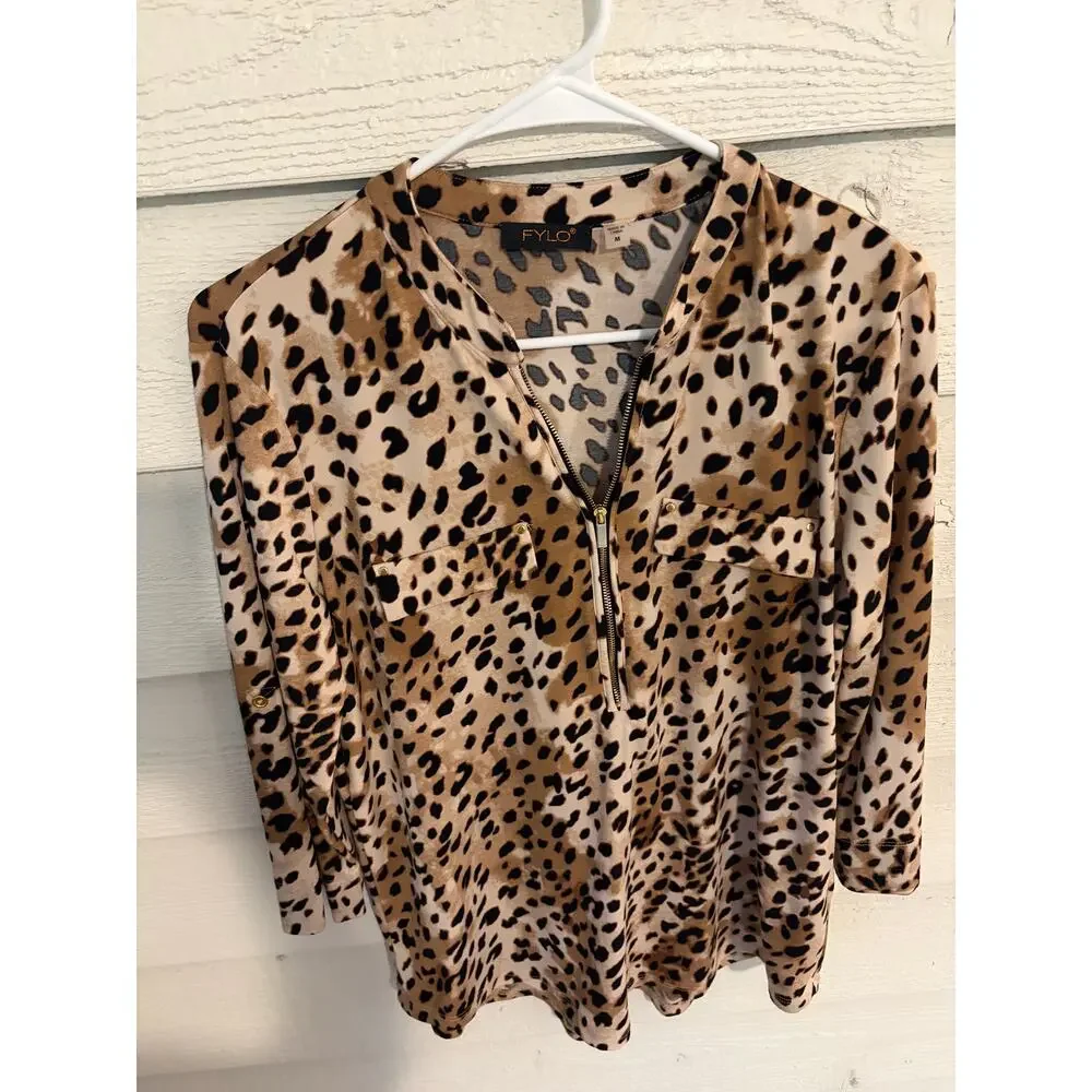 FYLO Leopard Print Zip Front Blouse Top Size Medium Animal Print 3/4 Sleeve - Picture 4 of 10